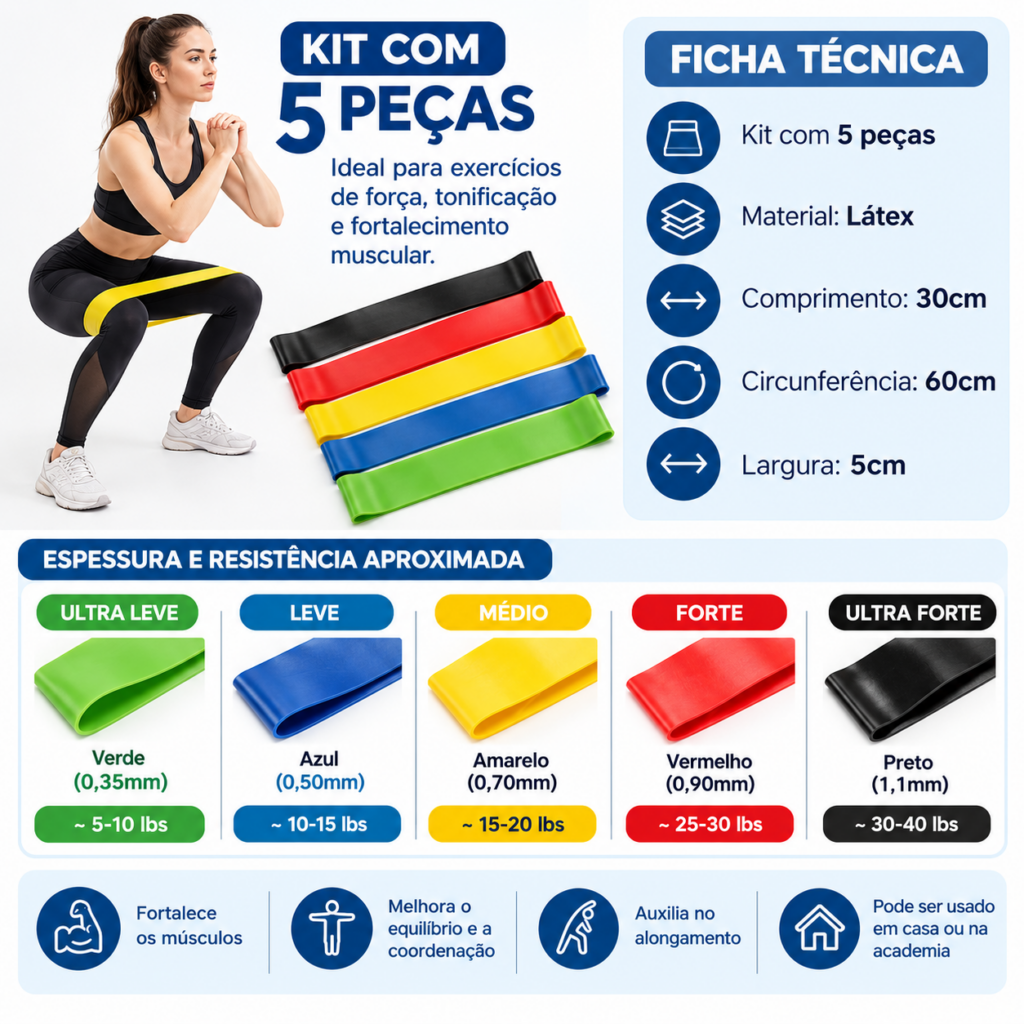 Nova Kit 5 Faixas Elásticas Mini Bands Cinto de Resistência para Exercício