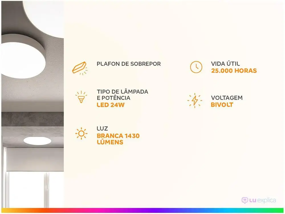 Plafon LED de Sobrepor Redondo 24W Elgin - Downlight Branco - Imagem 3